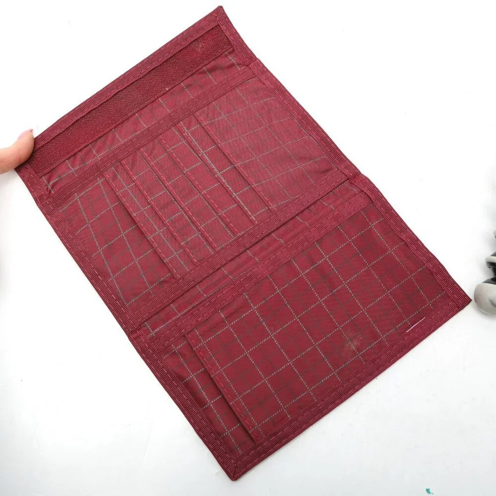 Vintage Plaid Nylon Wallet Red Burgundy Checks Zipper Velcro Closure - Picture 4 of 8